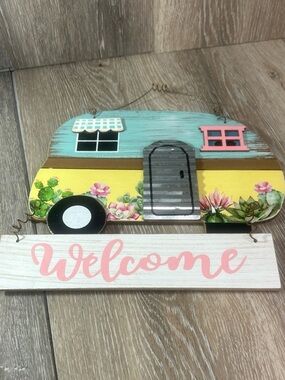 Vintage Camper Welcome Sign Decor Succulent Cactus RV Wall Retro Glamping